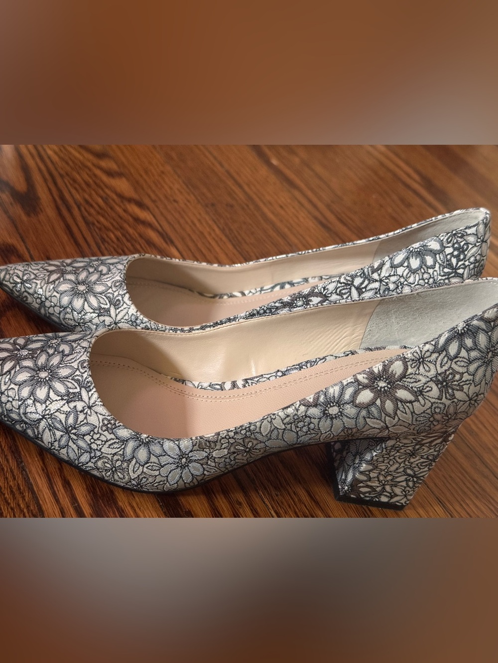 Marc Fisher white and Black Floral Block Heel Pumps